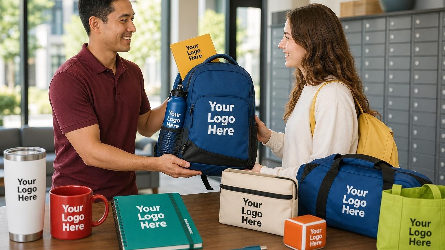 A custom backpack welcome kit being handed to a new resident in a student housing lobby.