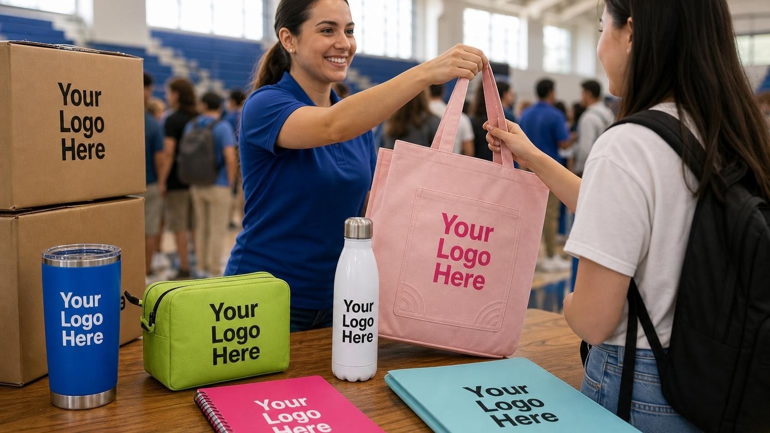 A student life coordinator hands a durable canvas welcome tote bag to an incoming freshman at a university orientation check-in table.