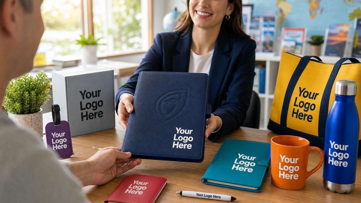 A custom navy blue portfolio being handed to a study abroad student in a campus global education office.