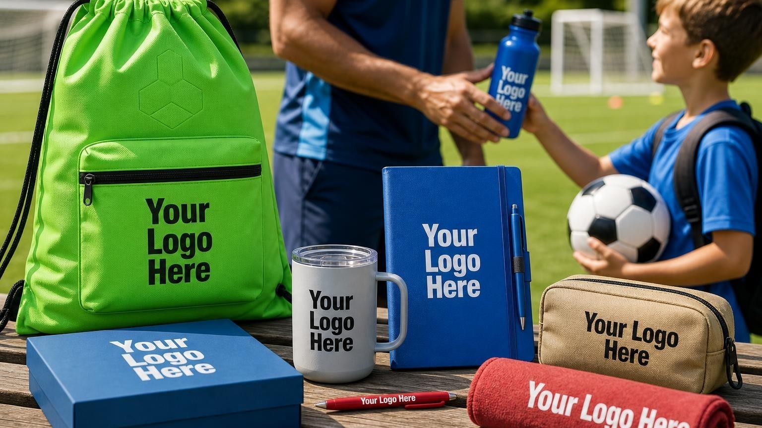 A custom neon green drawstring bag and sports bottle on a camp bench with soccer fields blurred in the background.