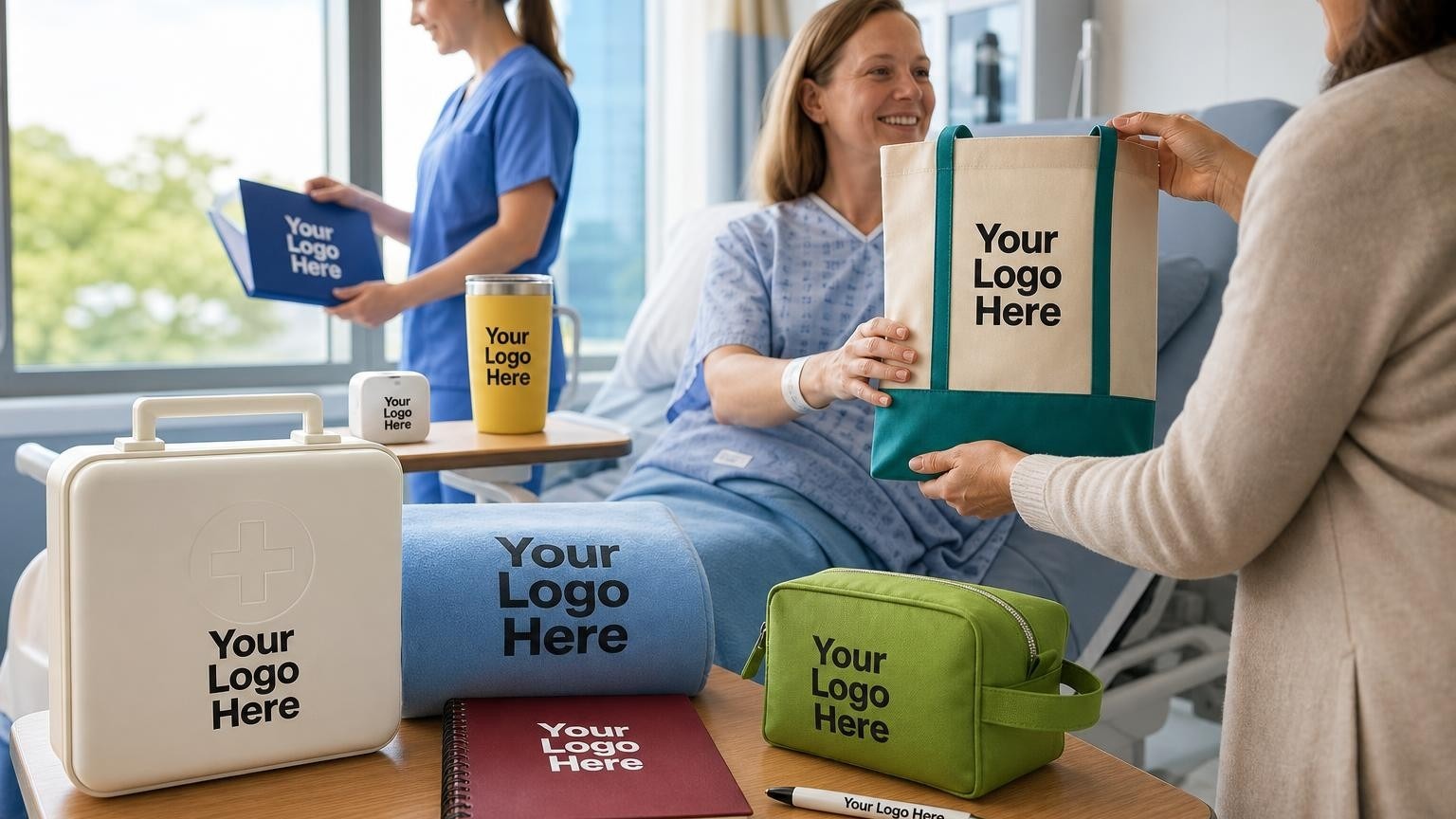 A custom first aid kit and folded fleece blanket on a side table in a brightly lit PACU recovery bay, with a nurse in scrubs in the background.