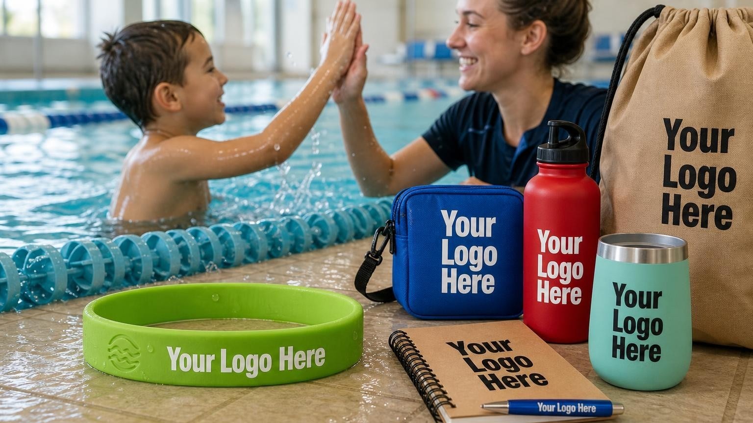 A custom green silicone milestone wristband on a wet pool deck during a swim lesson high-five.