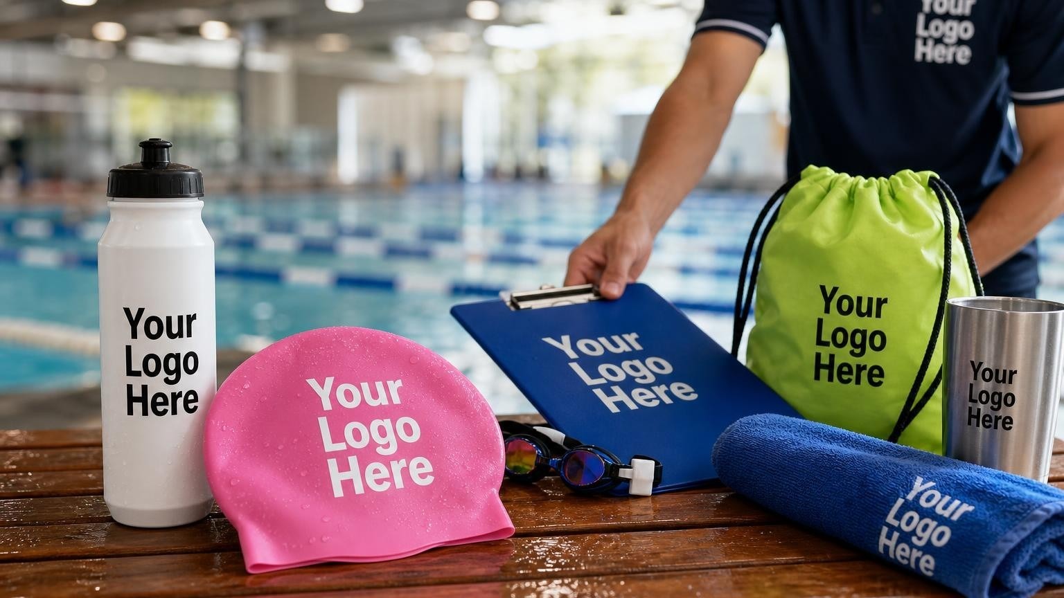 A custom silicone swim cap and sports water bottle resting on a pool deck bench with a blurred pool in the background.