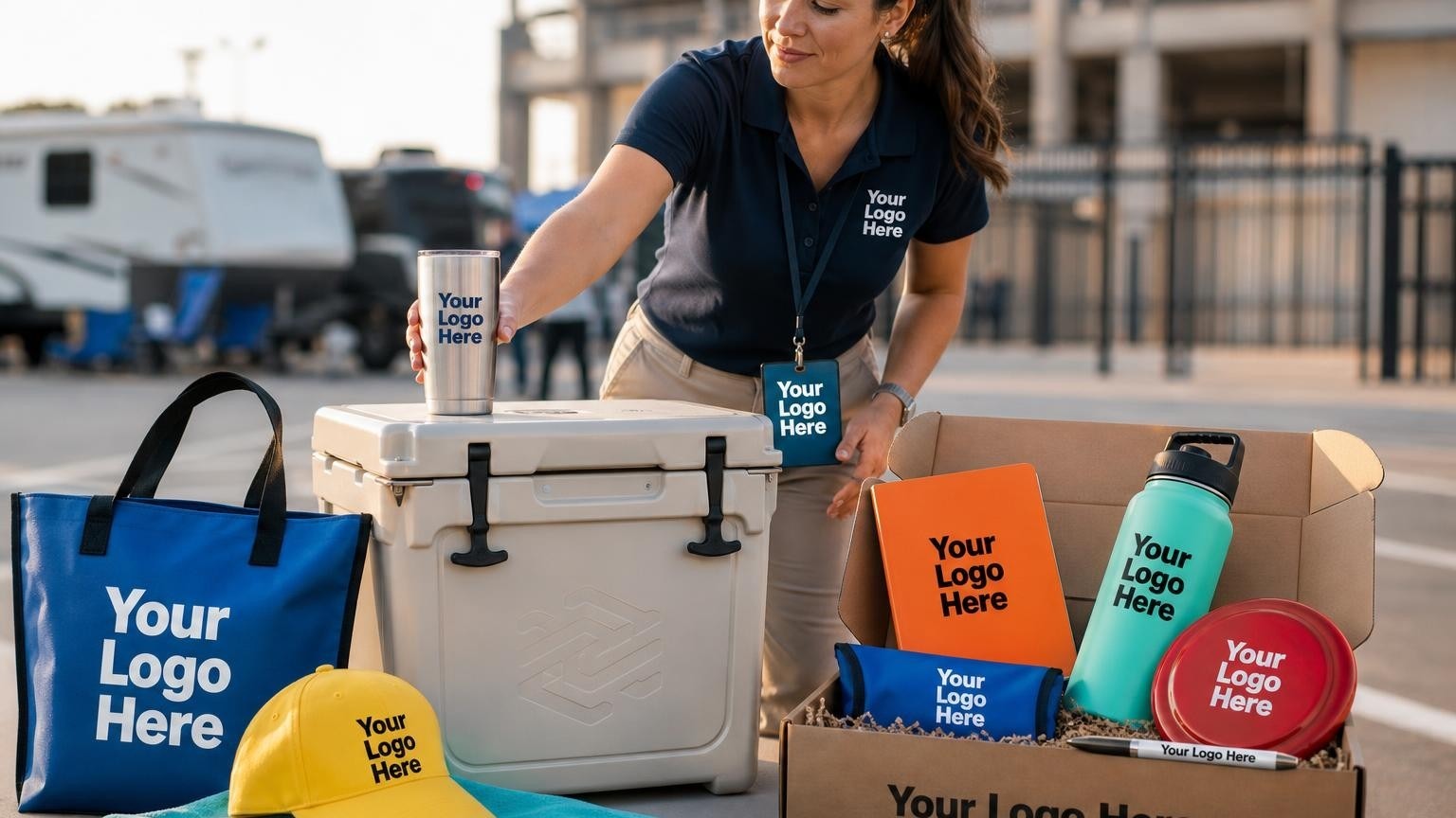 A heavy-duty custom cooler and stainless steel tumbler set up in a stadium parking lot during a morning tailgate event.