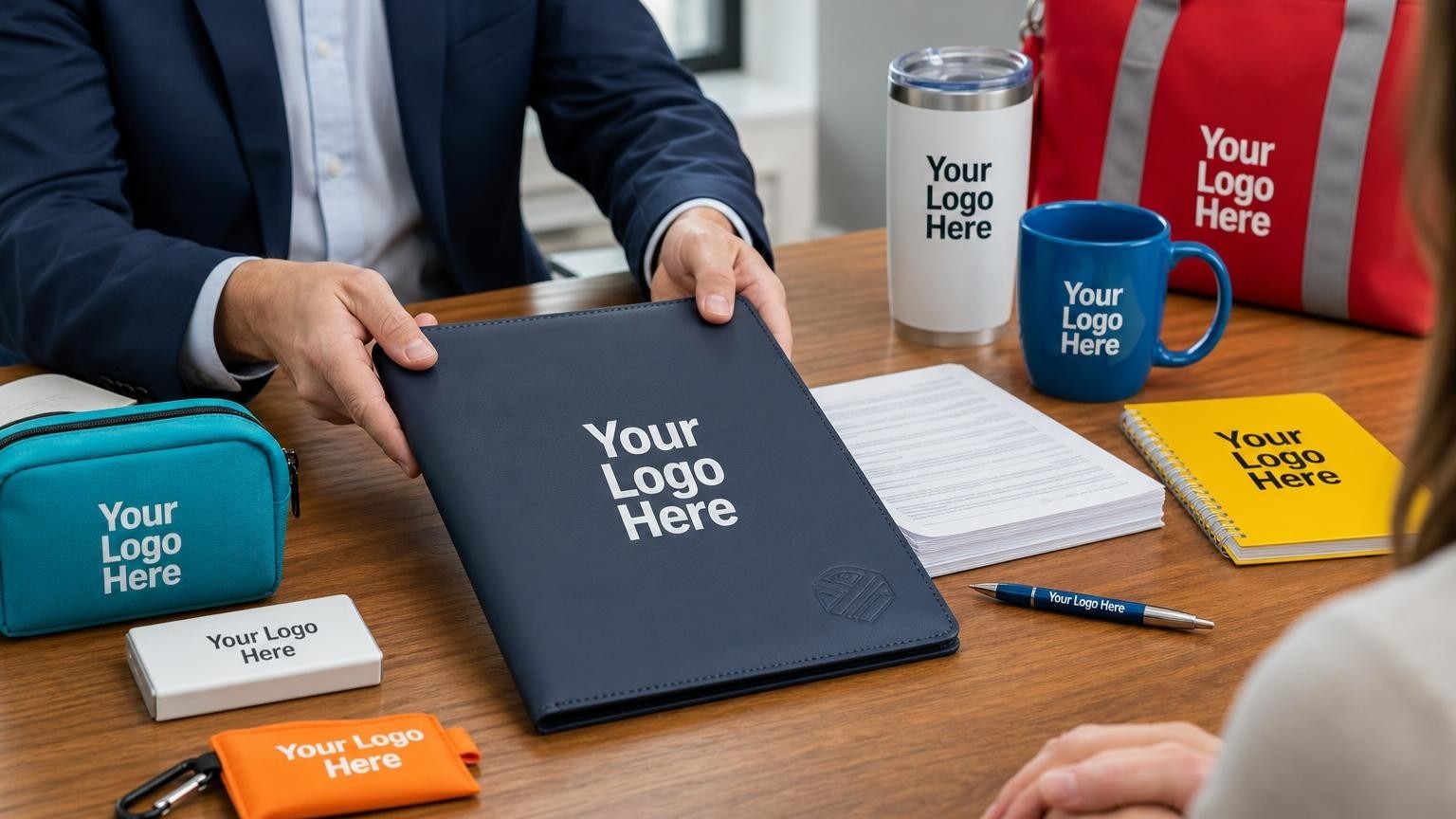 A professional tax return folder being handed to a client on a polished office desk.
