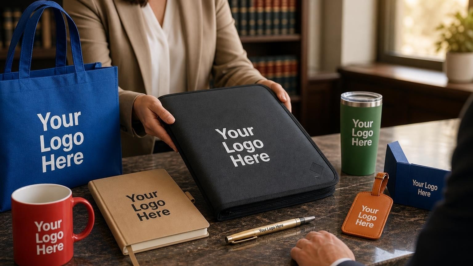 A premium dark charcoal zippered document portfolio and a heavy brass executive pen resting on a dark walnut desk in a professional tax resolution office.