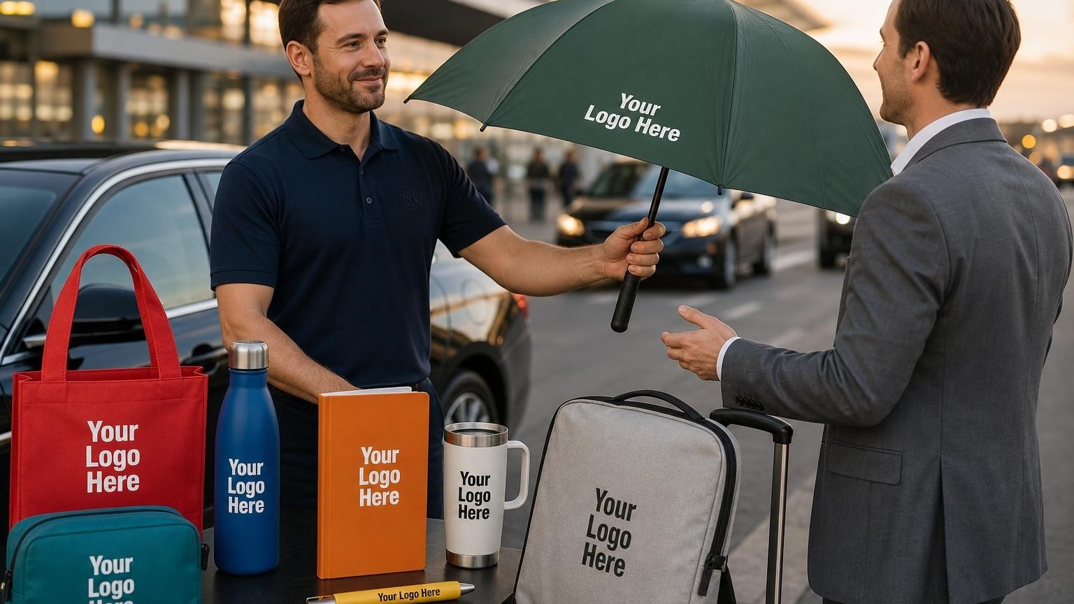 A professional taxi driver in a branded uniform assisting a passenger with luggage next to an immaculate fleet vehicle.