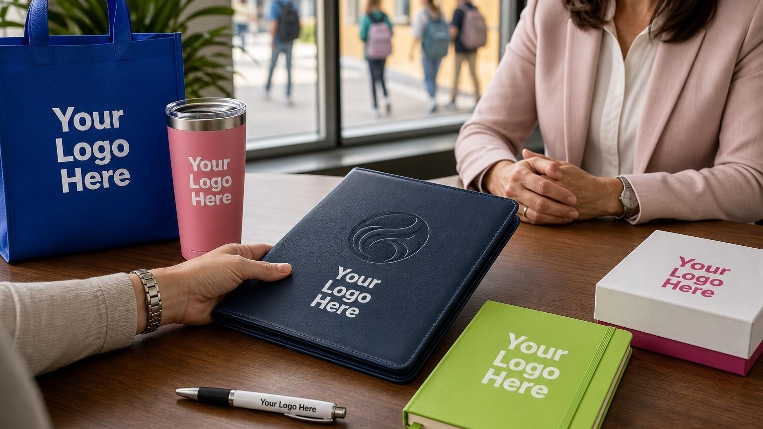 A professional navy portfolio being handed across a desk in a school administrative office, showcasing high-quality custom gear for teacher training programs.