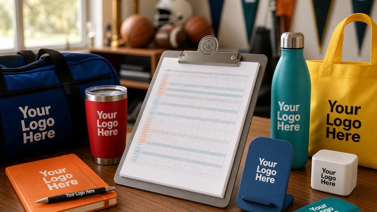 A custom metal clipboard holding fundraising tracking sheets on an athletic director's desk.
