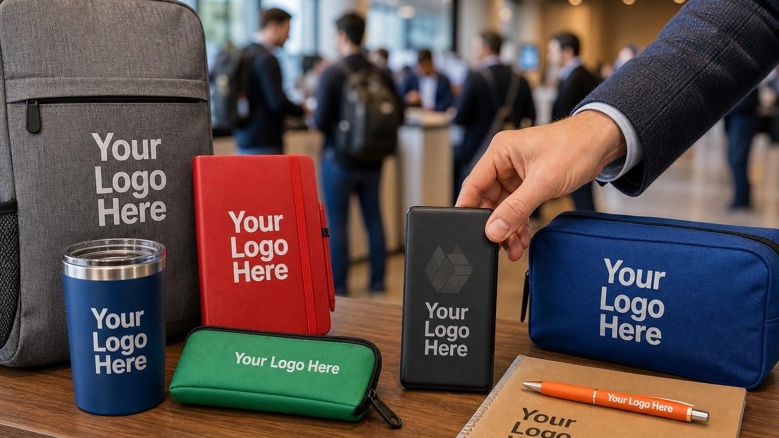 A custom matte black power bank and tech organizer on a counter at a professional conference registration area.
