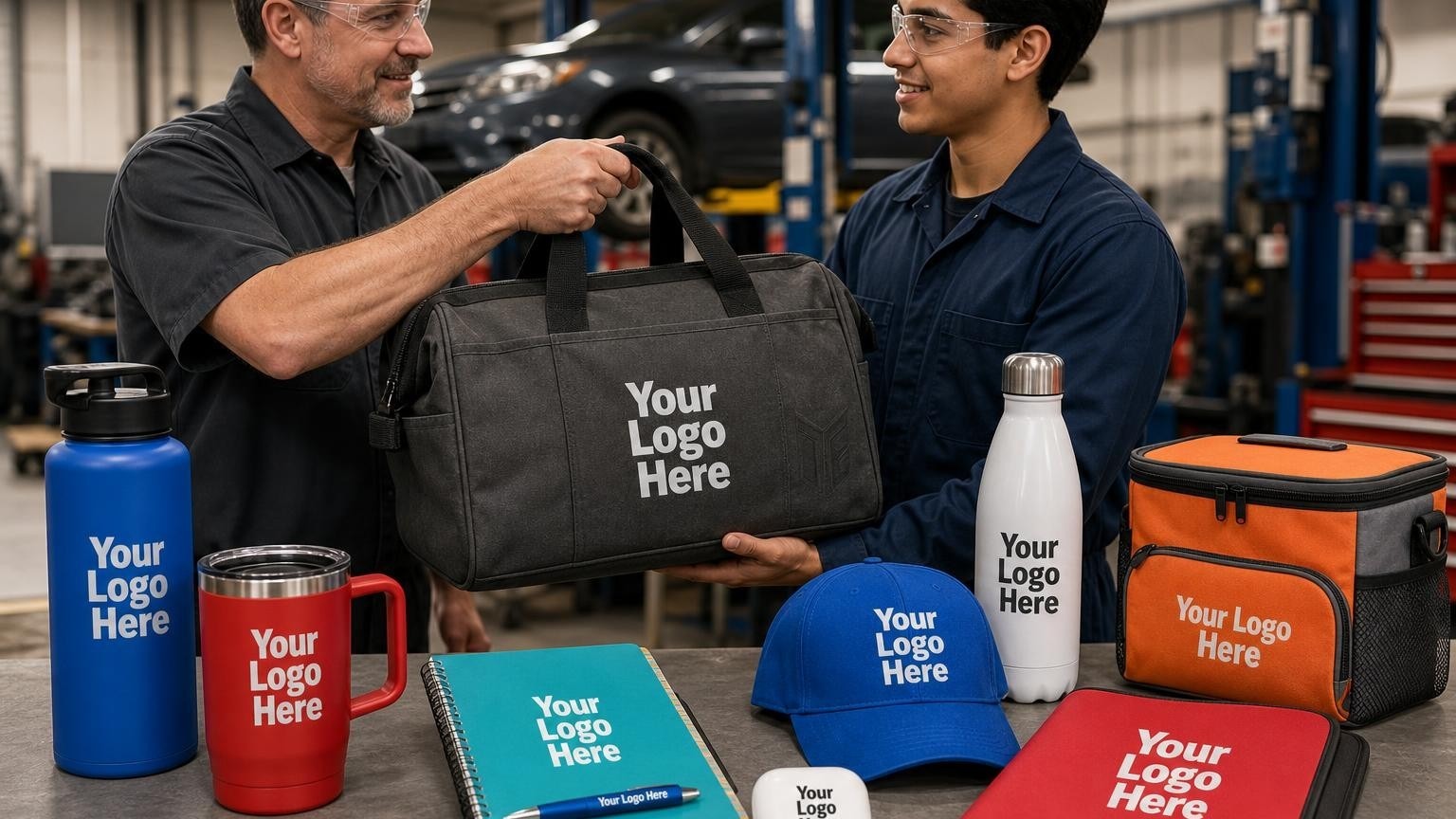A vocational instructor hands a durable custom tool bag to an automotive student in a technical college workshop.