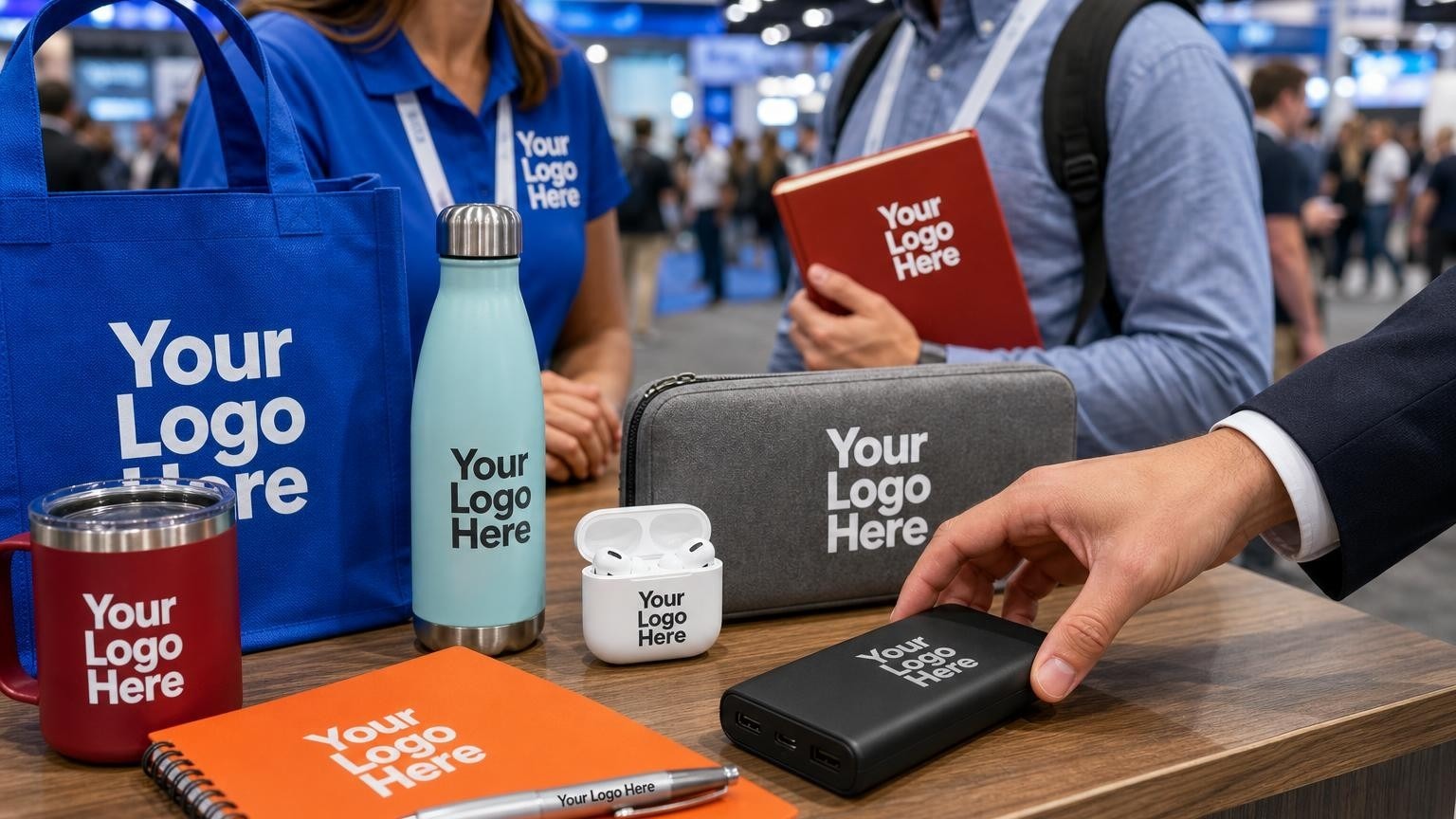 A custom branded power bank sitting on a booth table at a tech conference with a blurred expo floor in the background.
