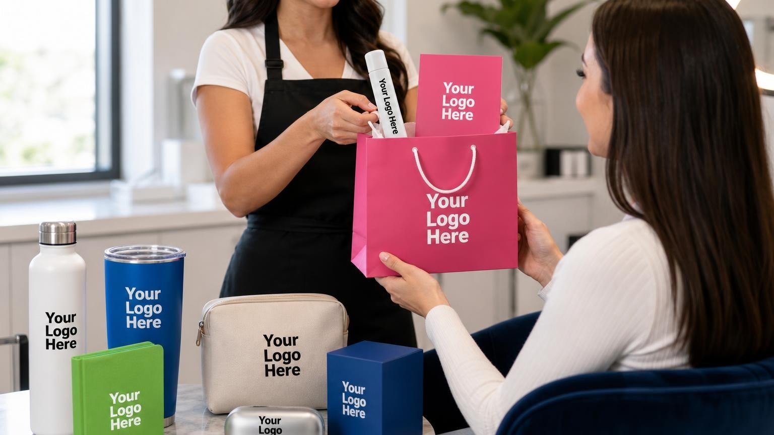 A custom-branded matte-black aftercare gift bag being handed to a client in a modern cosmetic teeth whitening studio.