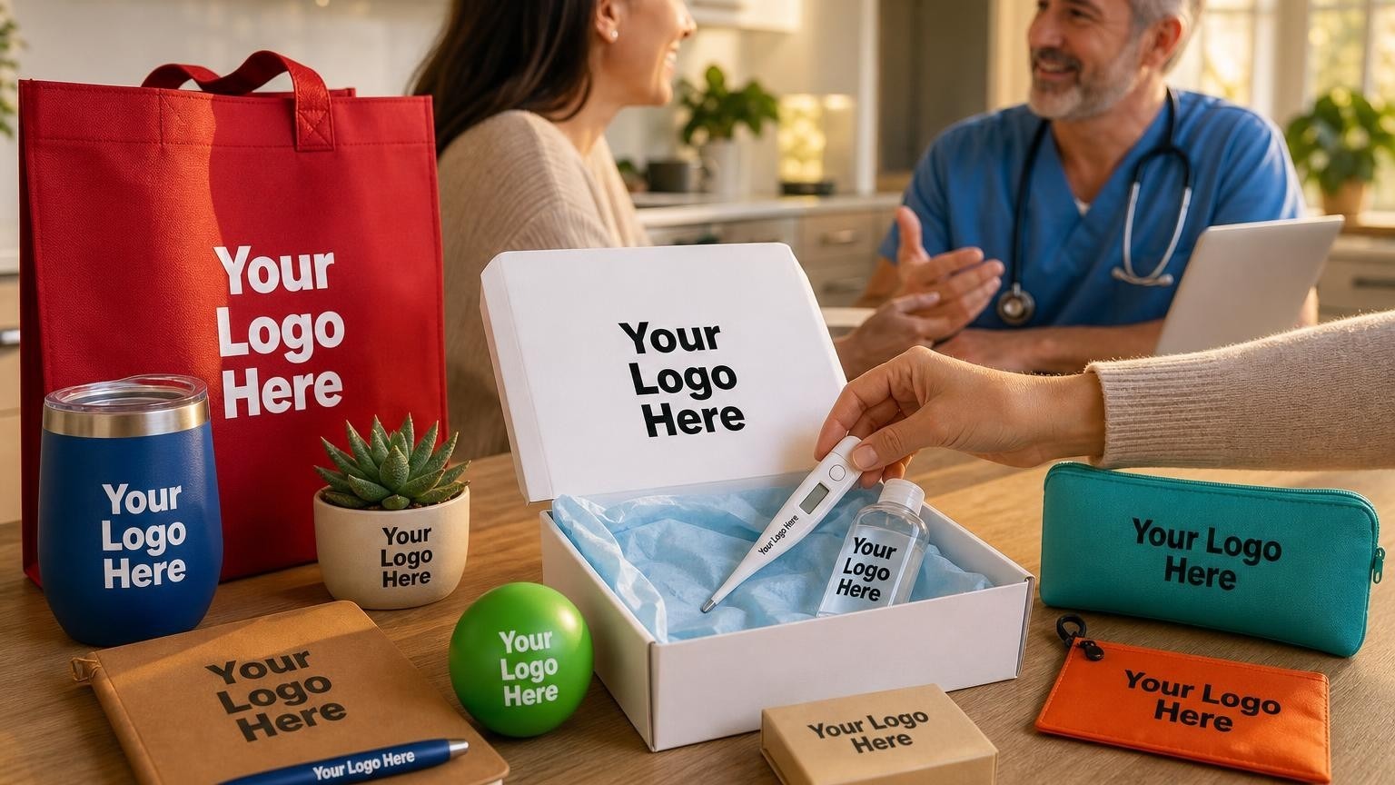 An open telehealth welcome kit on a kitchen table containing a custom digital thermometer and hand sanitizer, with a hand reaching to lift the thermometer.
