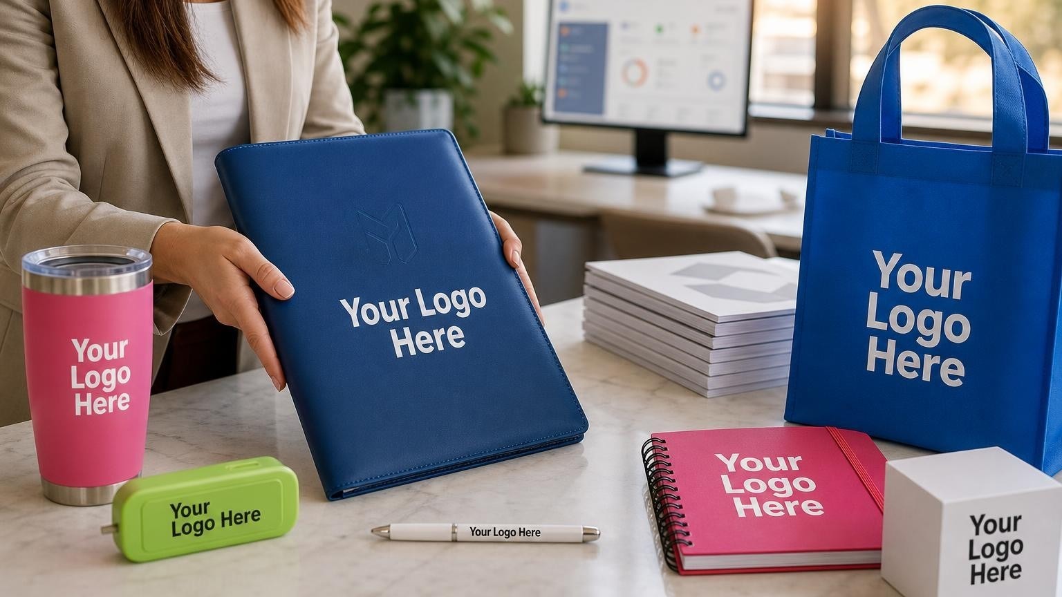 A professional portfolio and sleek metal pen on a bright leasing office desk with a blurred tenant screening dashboard in the background.