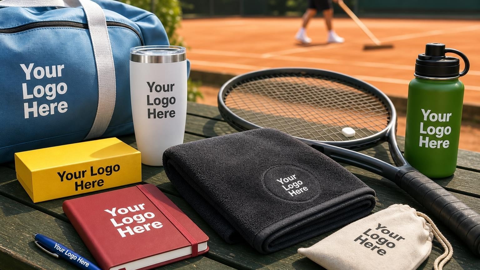 A custom charcoal-grey microfiber court towel and tennis racket resting on a court-side bench next to a sunlit clay court.
