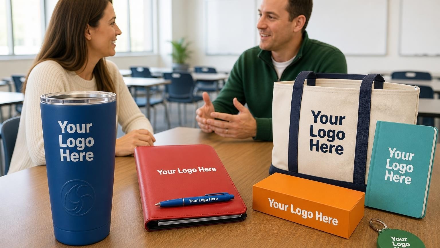 A custom insulated tumbler and study portfolio on a classroom desk in a modern test prep center.