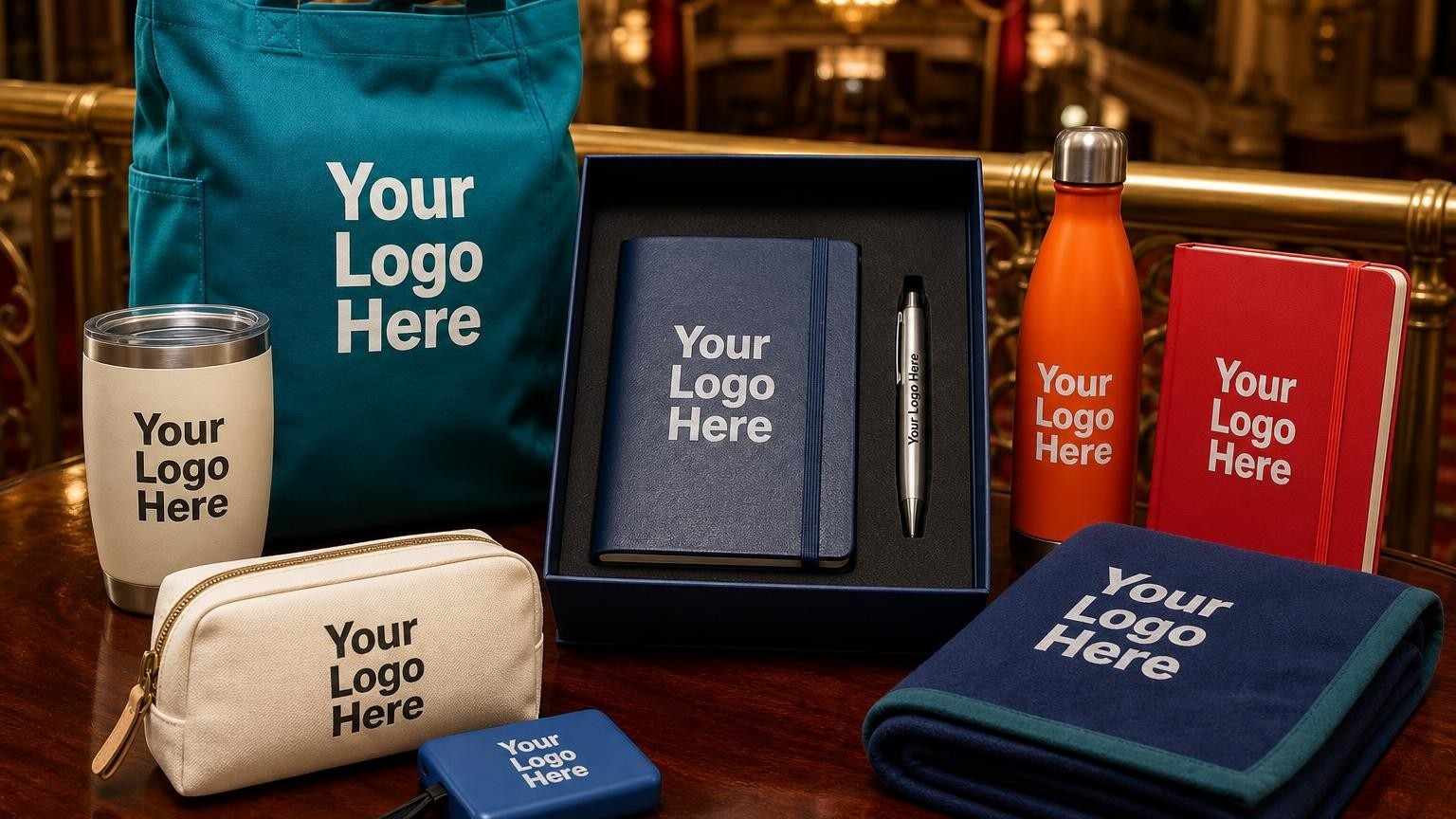A custom theater foundation donor gift box featuring a debossed leather journal and laser-engraved metal pen on a mahogany lobby table.