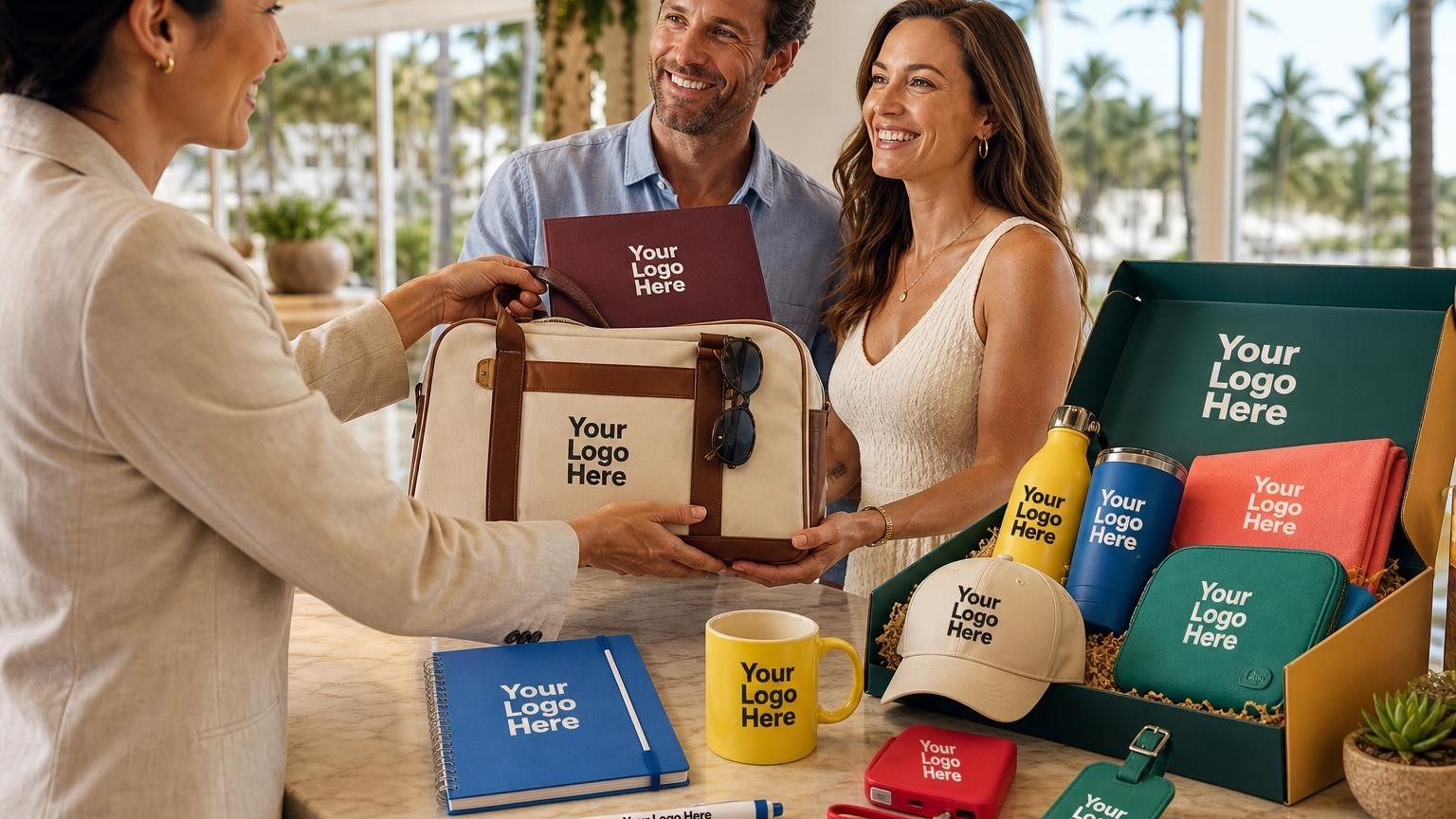 A high-end welcome kit being handed to a couple in a sunlit resort lobby, showcasing travel-friendly promotional items.