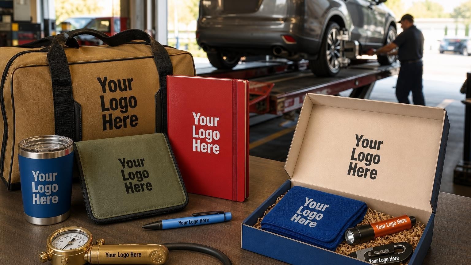 A heavy-duty brass tire pressure gauge with a subtle custom imprint on a tire shop service counter, with service bays blurred in the background.
