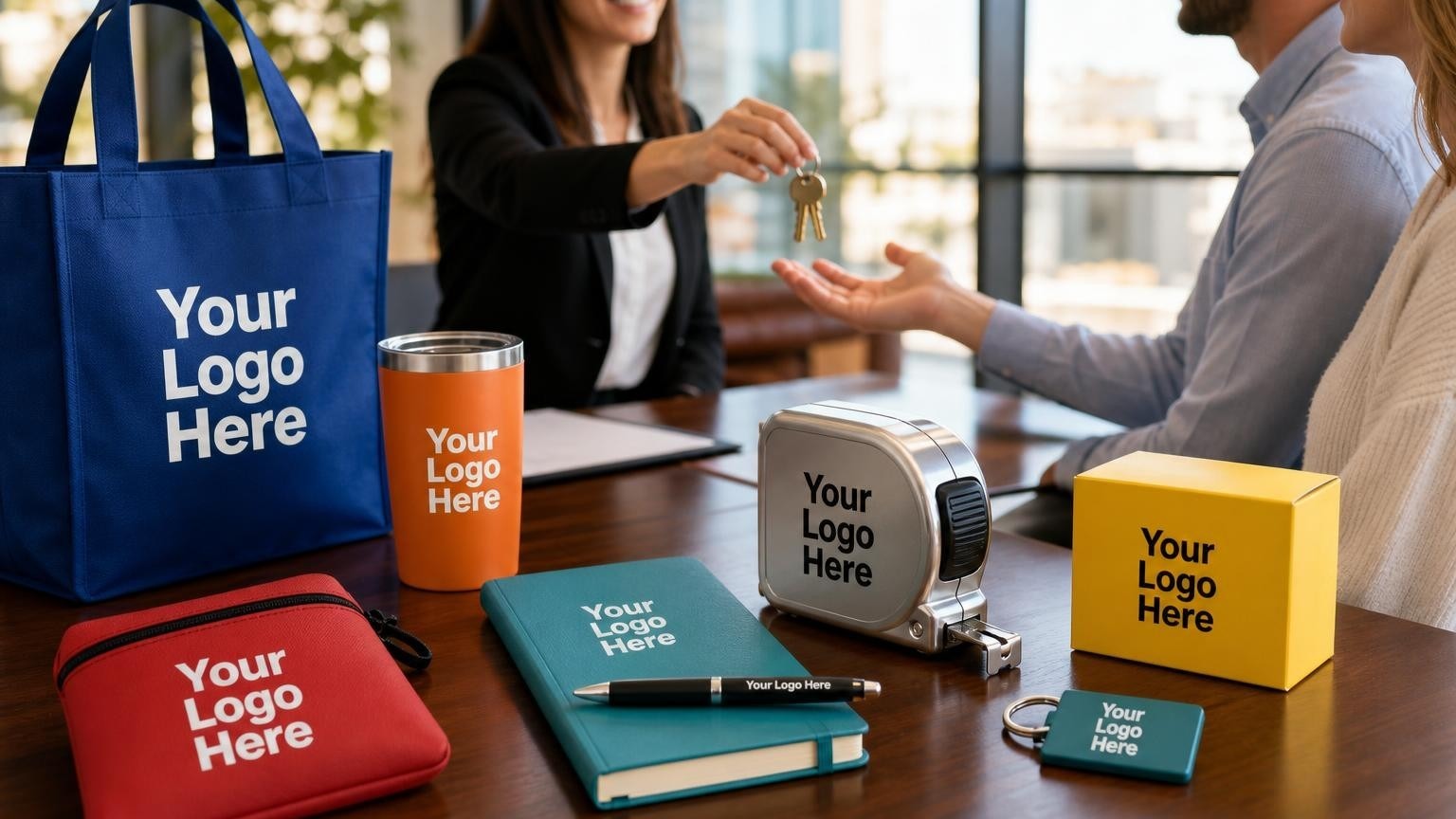 A co-branded metal tape measure and closing documents on a mahogany table in a bright title company office during a key handoff.