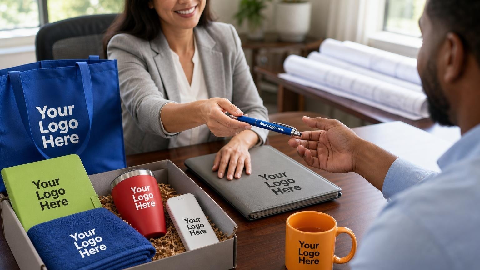 A polished metal signing pen resting on a document folder at a title company closing table.