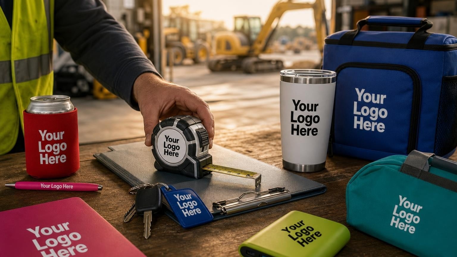 A rugged custom tape measure and equipment keys on a tool rental center counter during an early morning pickup.