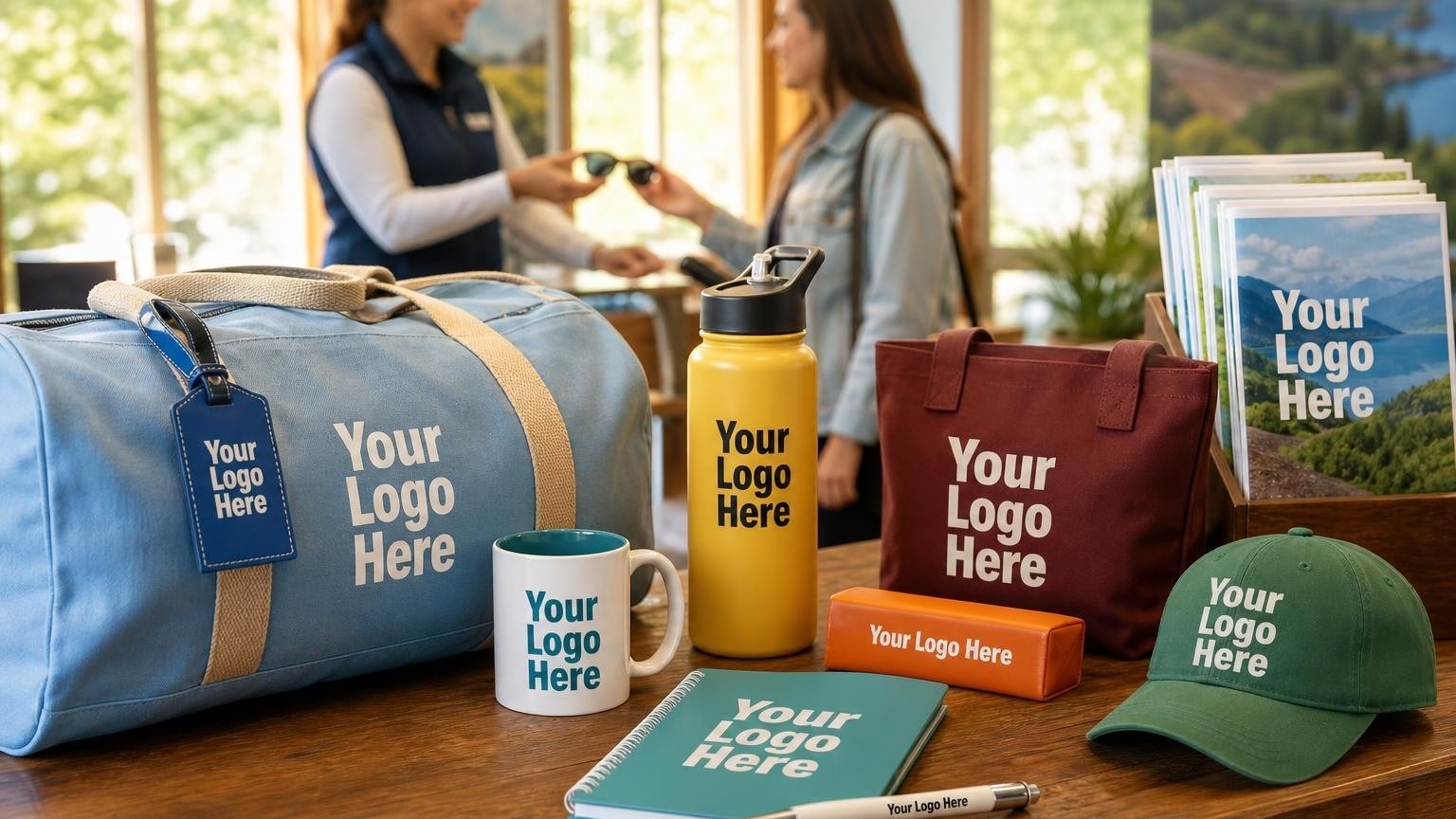 A custom luggage tag with a subtle geometric emblem attached to a travel bag on a visitor center counter, with a coordinator handing sunglasses to a traveler in the background.