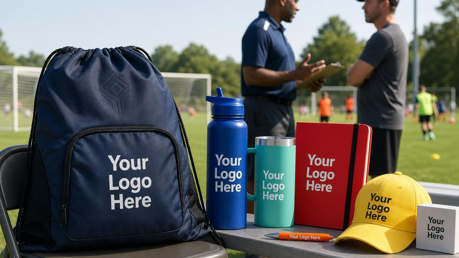 A heavy-duty custom sports bag on a sideline chair at a soccer tournament complex with staff in the background.