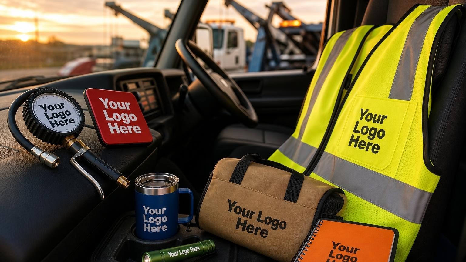 A high-visibility custom safety vest and roadside tools inside a professional tow truck cab.