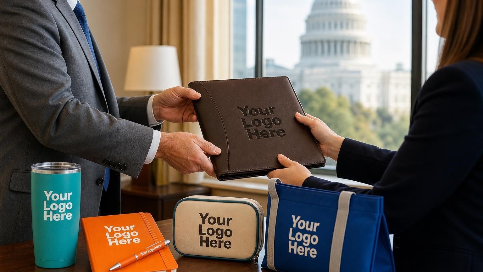 A trade association executive handing a professional debossed leather portfolio to a congressional staffer in a legislative office with the Capitol dome blurred in the background.
