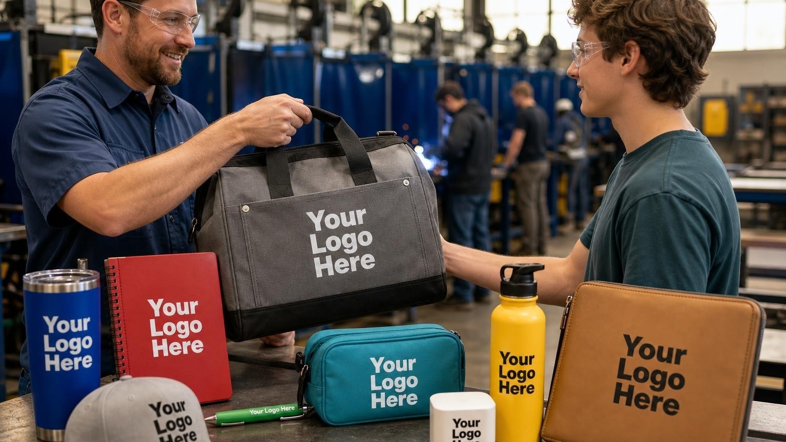 A trade school enrollment director handing a heavy-duty canvas tool bag to a student in a workshop.