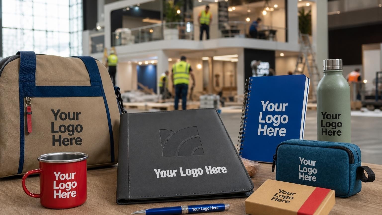 A custom-branded portfolio on a table with a trade show booth setup in the blurred background.