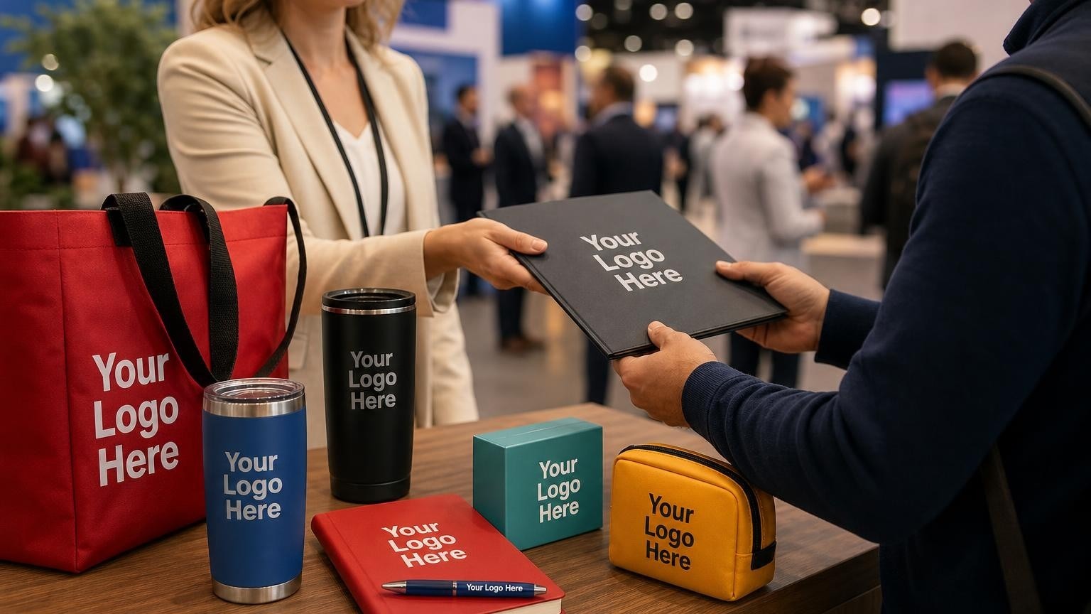 A high-end custom insulated tumbler resting on a trade show booth counter with a blurred convention floor in the background.