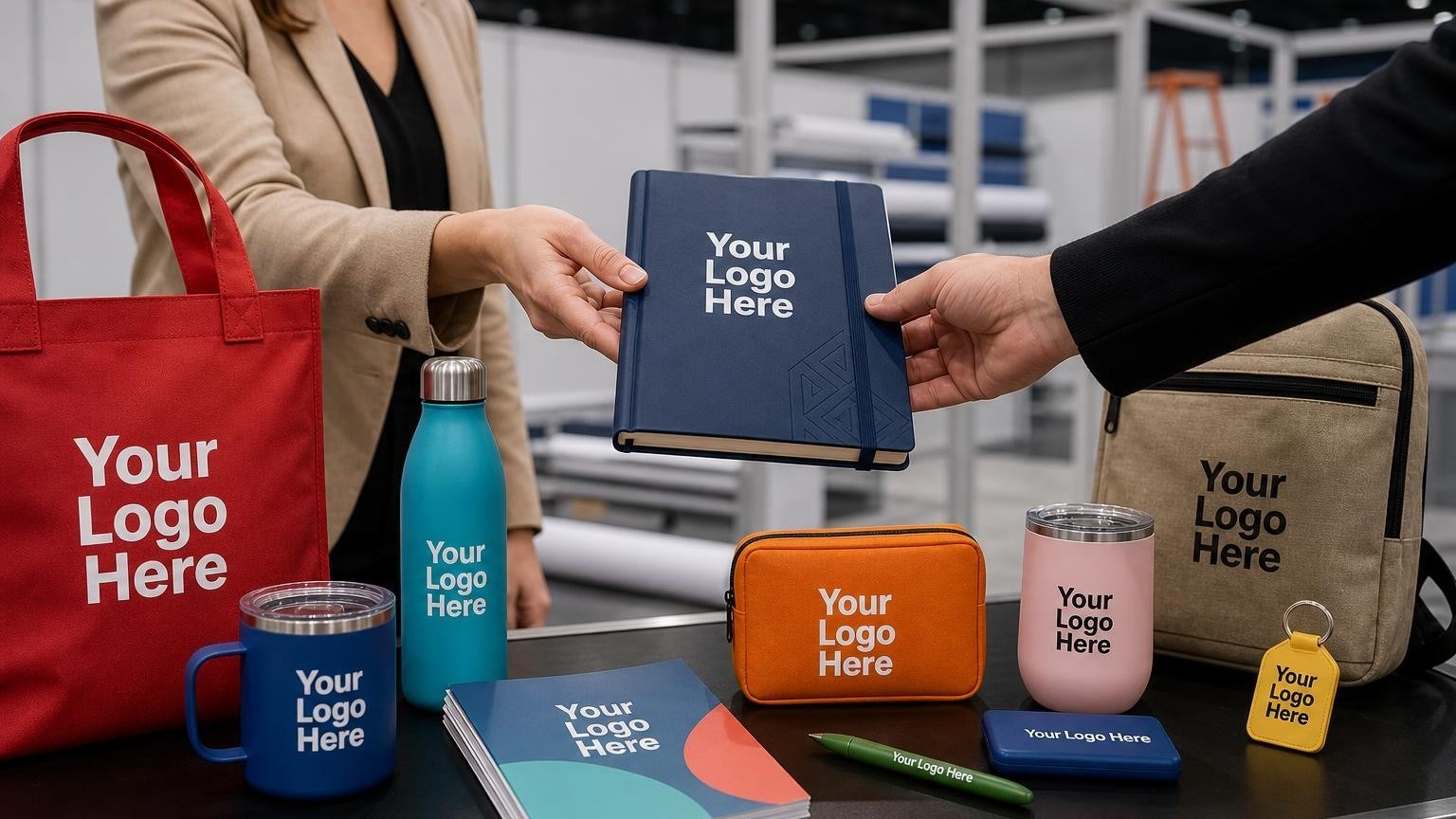 A high-quality custom journal on a trade show booth counter during setup, representing strategic event preparation.