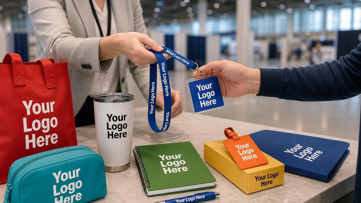 A close-up of a high-quality custom lanyard and badge holder being placed on a registration counter in a convention center lobby.