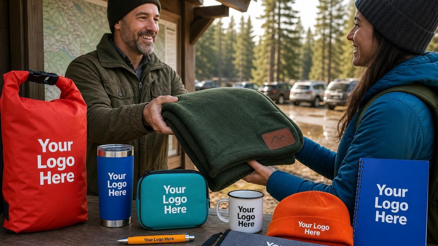 A trail association director hands a custom-branded forest green outdoor blanket to a volunteer at a trailhead kiosk.