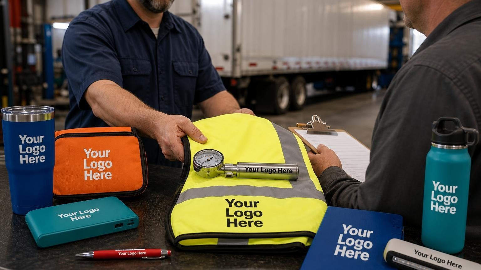 A custom tire pressure gauge and reflective safety vest being handed to a fleet manager in a trailer repair bay.