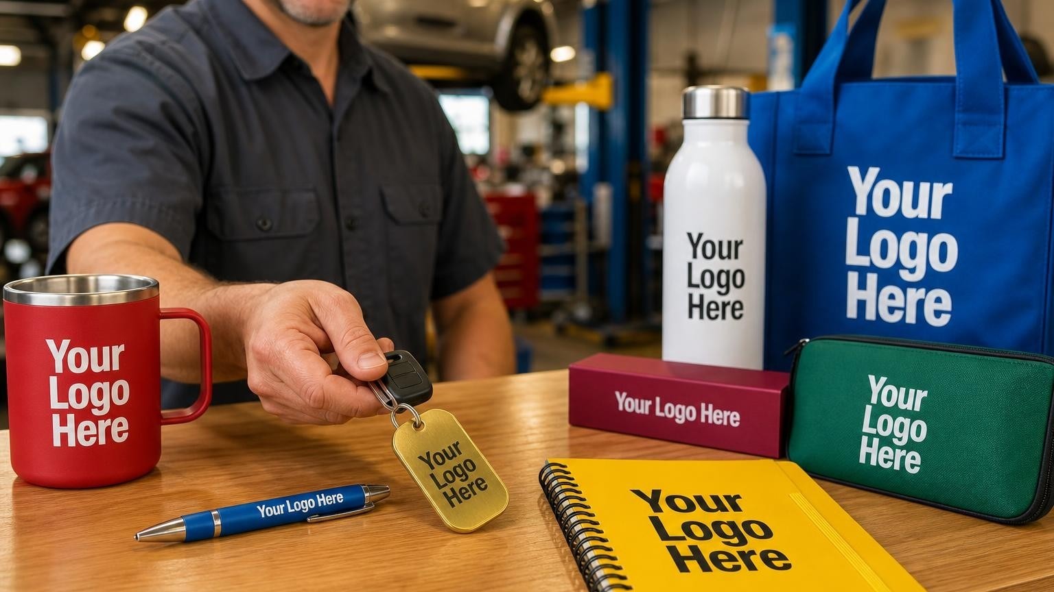 A heavy-duty custom brass key tag on a vehicle key being handed over a transmission shop counter, with blurred service bays in the background.