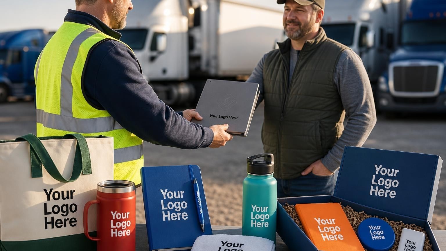 A transportation safety consultant hands a durable aluminum storage clipboard with a custom compliance checklist to a fleet manager on an active terminal lot.