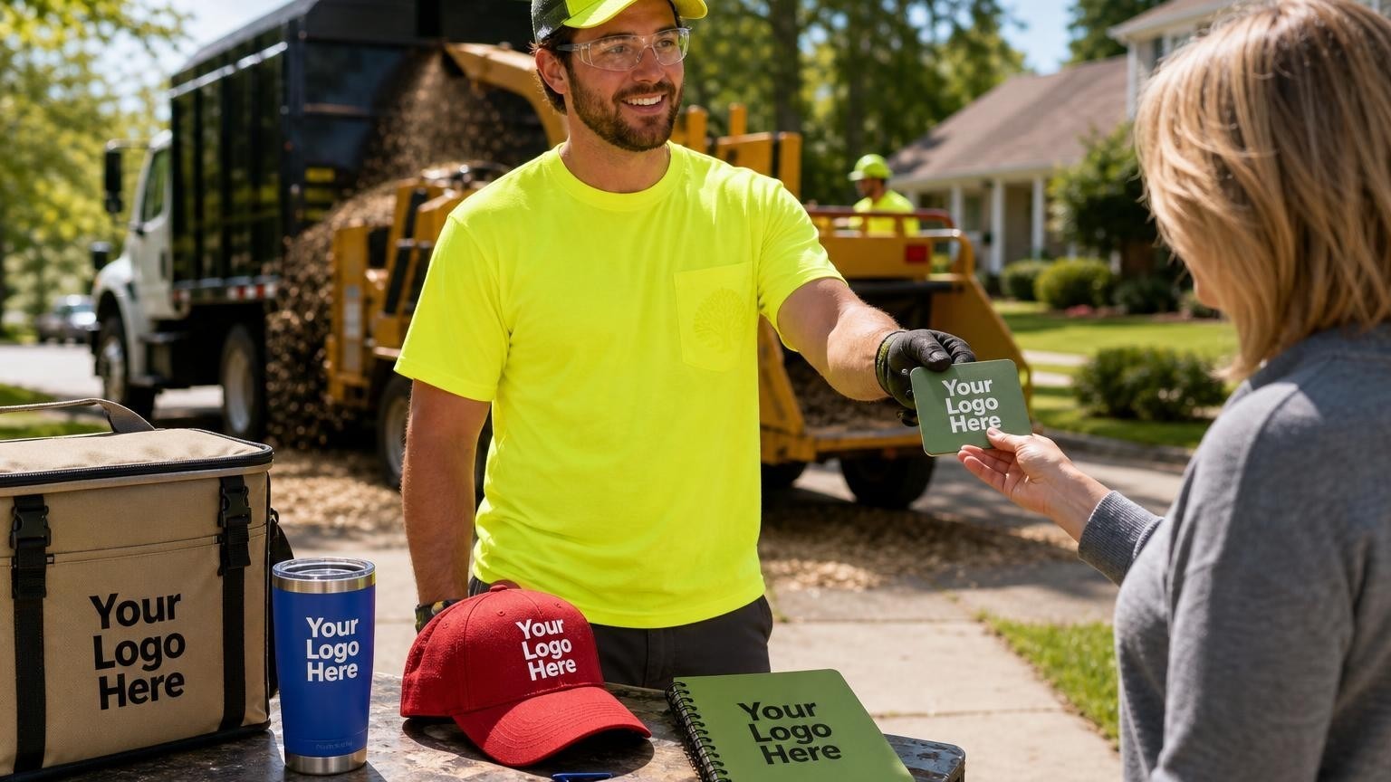 A ground crew member wearing a custom high-visibility t-shirt hands a promotional magnet to a neighbor near an active tree care job site.