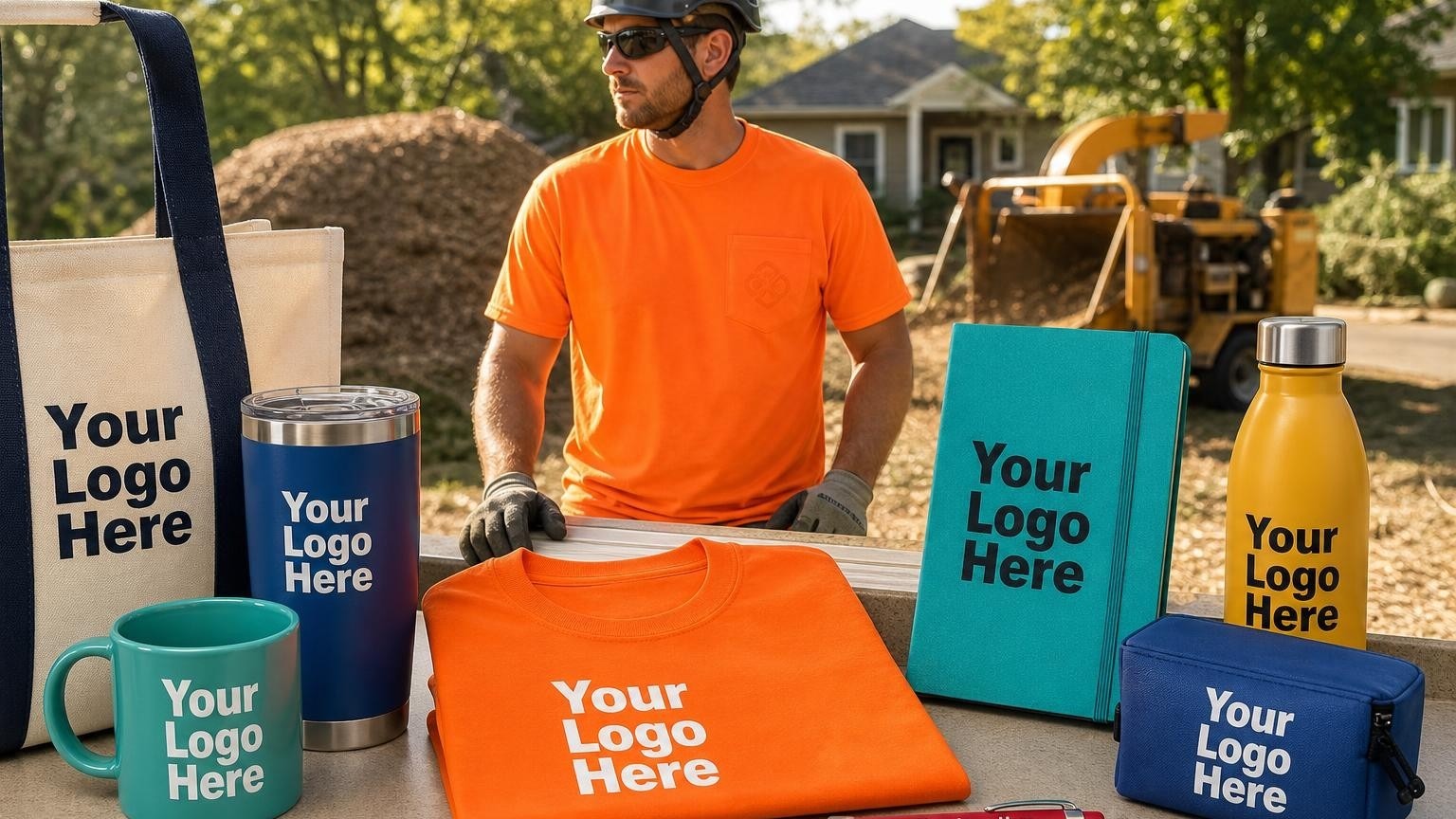 A tree trimming crew member wearing a high-visibility branded safety shirt on a residential job site.