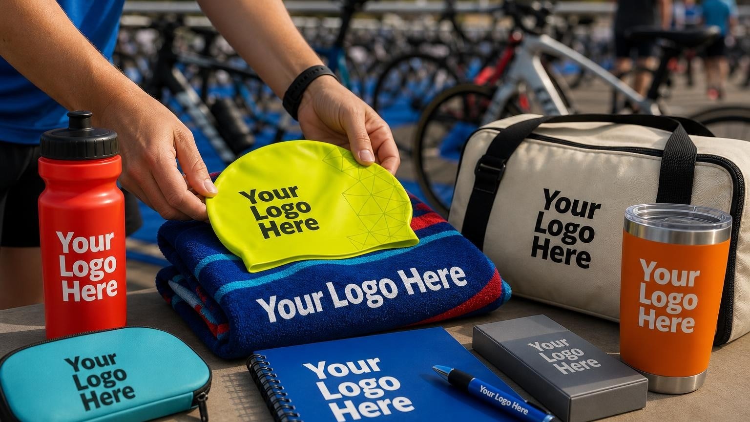 A custom silicone swim cap and microfiber transition towel laid out in a triathlon transition zone.