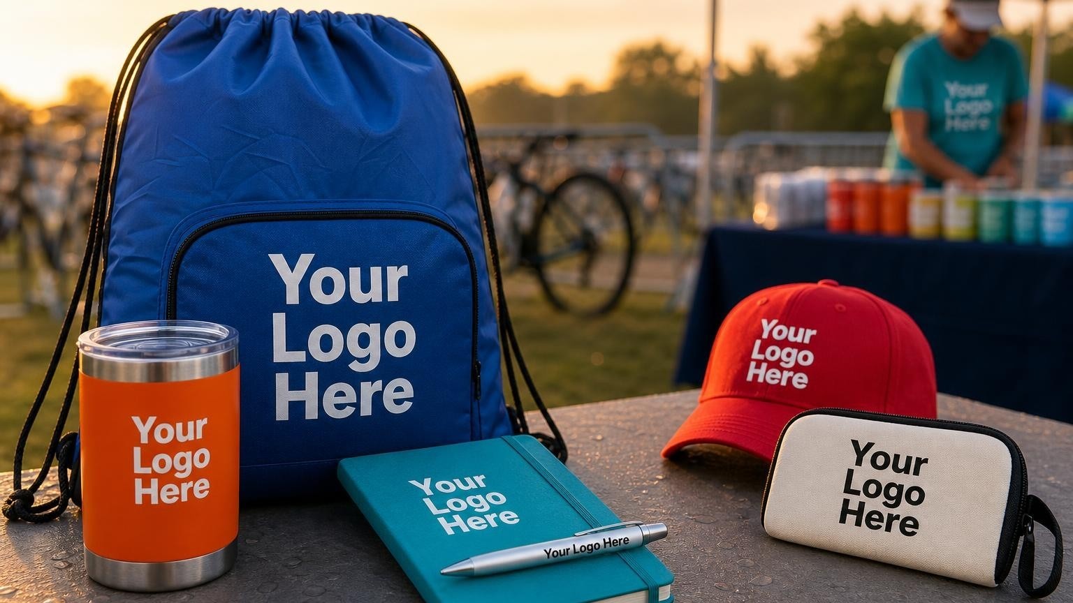 A water-resistant custom drawstring bag resting on wet grass in a triathlon transition area at dawn.