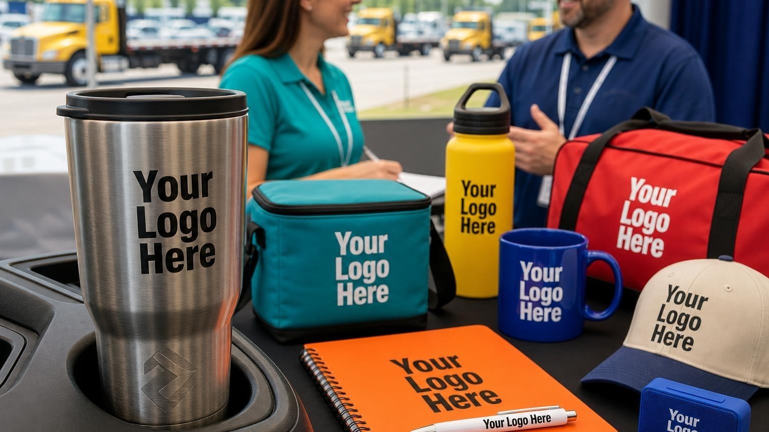 A custom stainless steel travel mug sitting in a commercial truck cab cup holder with a rental lot visible in the background.