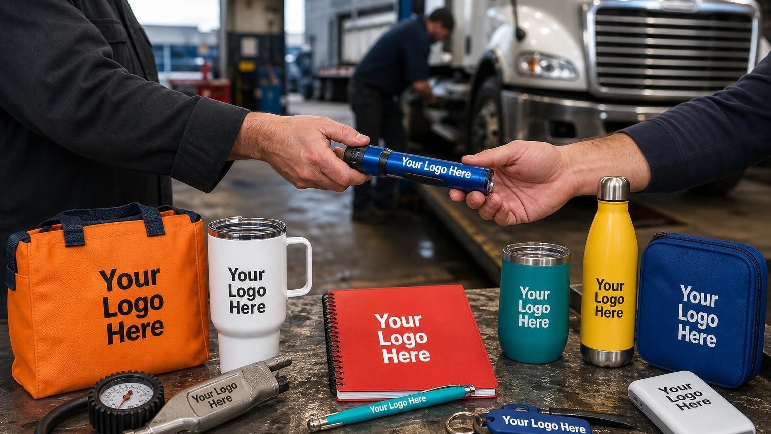 A rugged custom tire pressure gauge on an aluminum clipboard in a heavy-duty truck repair shop bay.