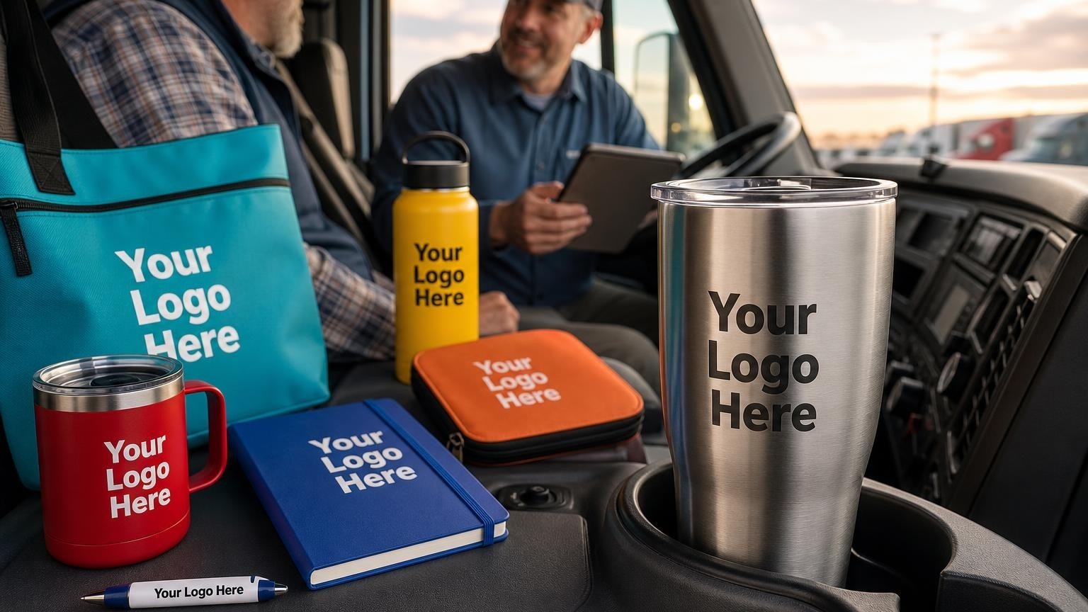 A durable custom travel tumbler sitting in a truck cab cup holder on the dashboard.