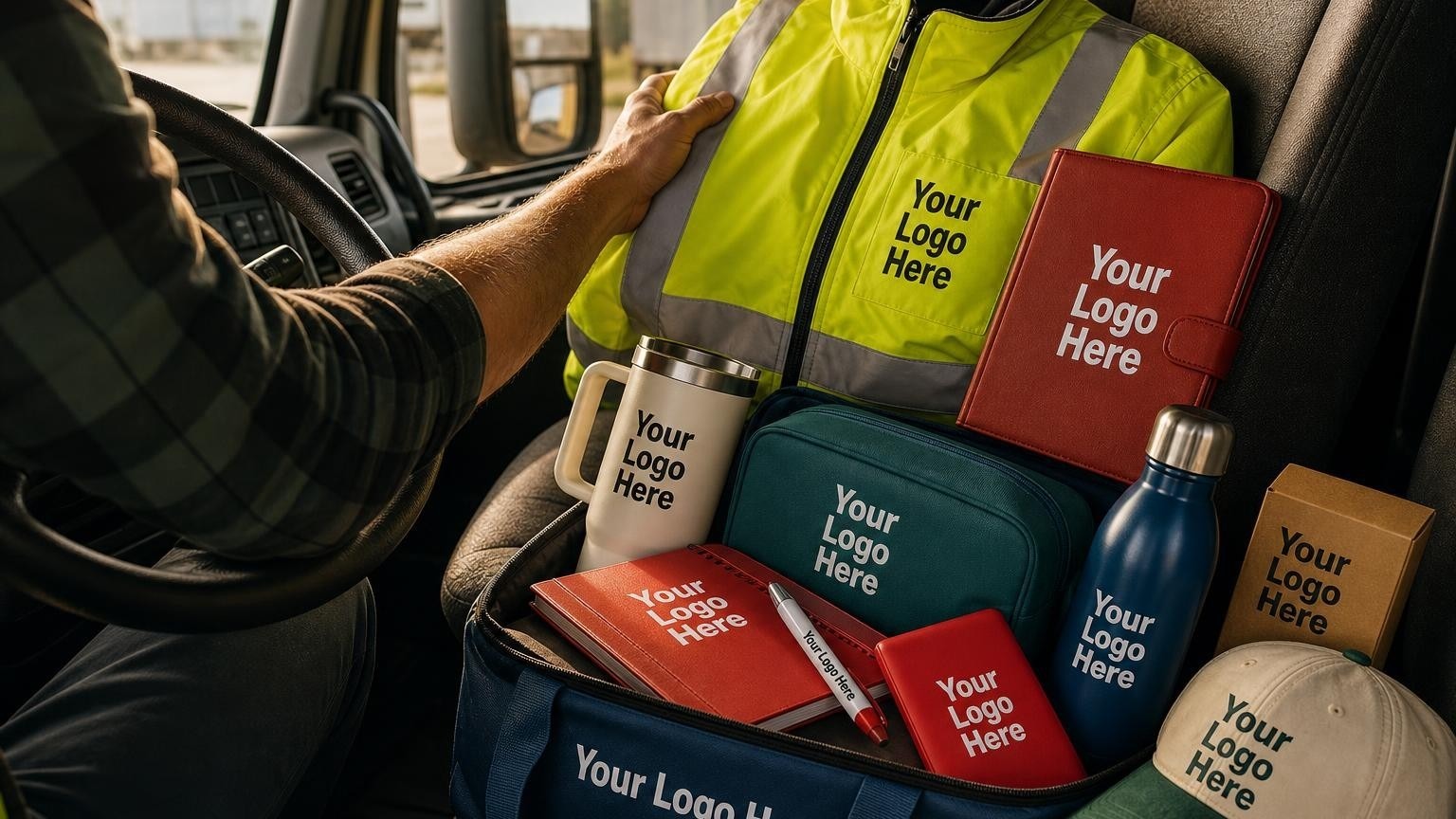 A weather-resistant high-visibility safety jacket resting on a truck cab seat next to a logbook binder.