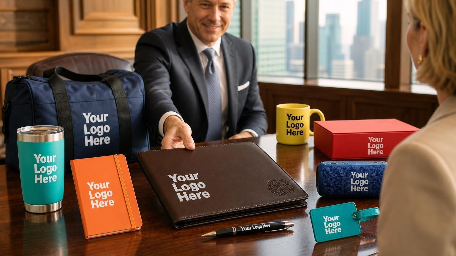 A premium leather estate portfolio and executive pen on a polished mahogany table in a trust company office.