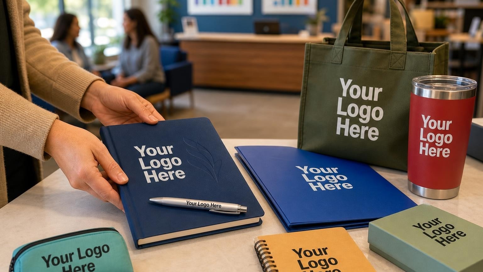 A professional-grade navy blue journal and metal pen on a tutoring center desk, with a welcoming lobby blurred in the background.